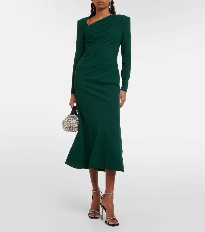 Affordable Women's Outfit Long Sleeve Rouched Midi Dress In Green