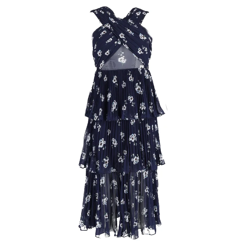 Women's Layered Outfit Self-Portrait Floral Print Pleated Midi Layered Dress in Navy Blue Polyester