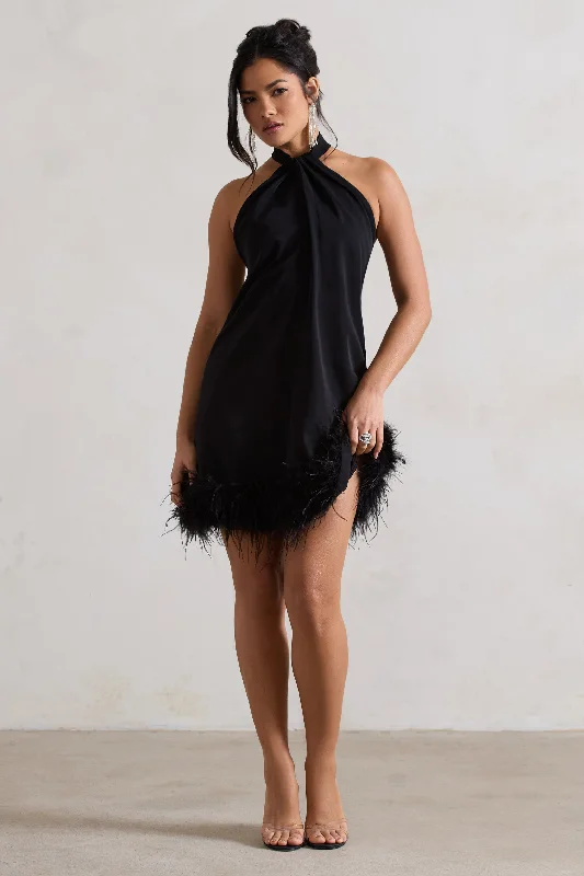 Women's Stylish Vacation Attire Femme | Black Halter-Neck Smock Mini Dress With Feather Hem