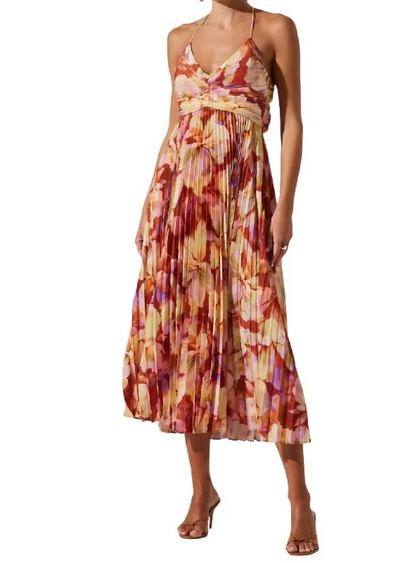 Vintage-Inspired Garments Blythe Floral Plisse Dress In Rust/yellow Floral