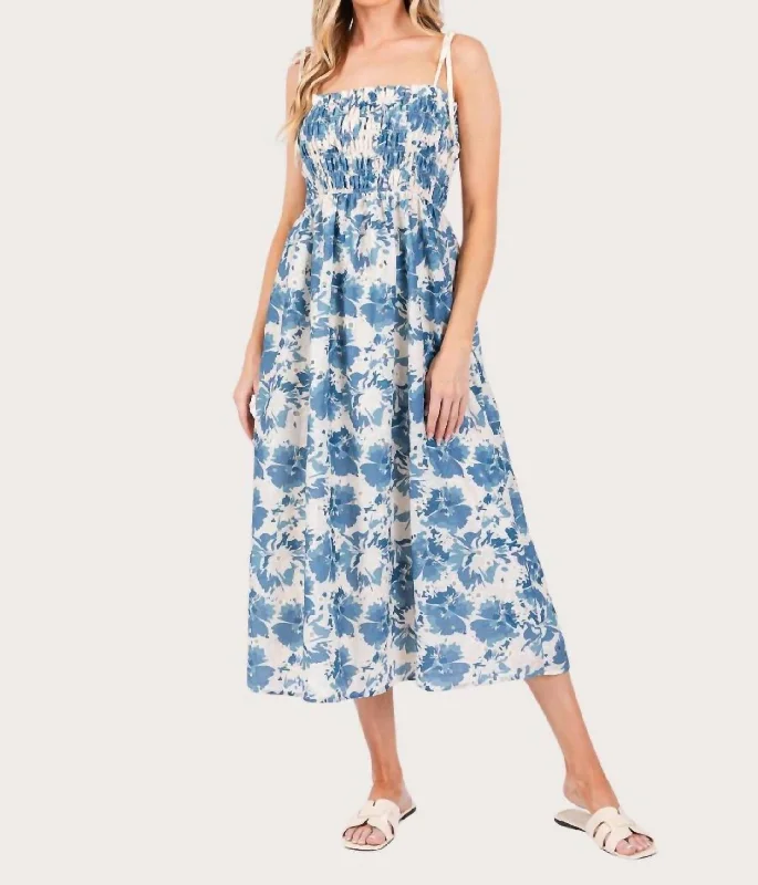 Chic Women's Outfit Floral Print Midi Sundress In Blue