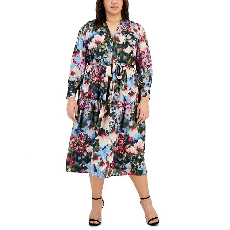 Women's Casual Wear Outfit Plus Womens Satin Floral Midi Dress