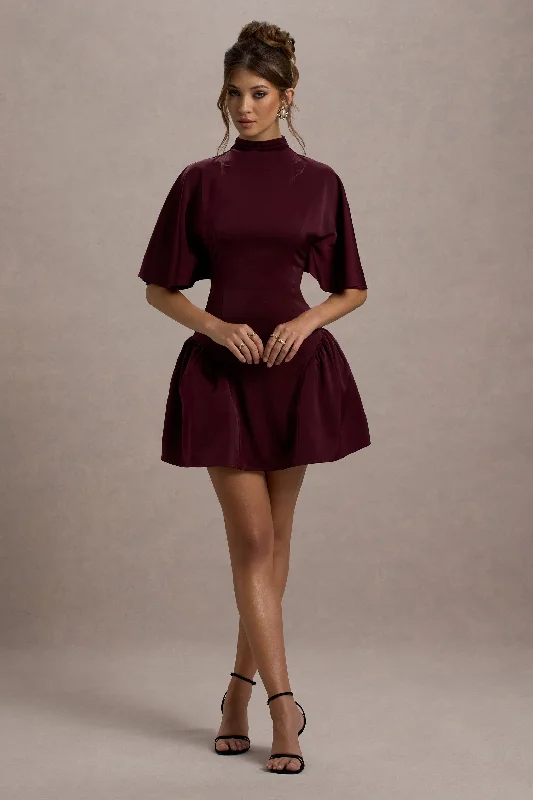 Modern Women's Outfit Alva | Burgundy High-Neck Short-Sleeve Mini Dress With Volume Skirt