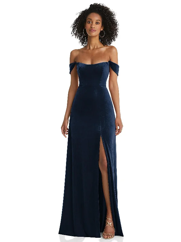 Women's Weekend Outfit Off-the-Shoulder Flounce Sleeve Velvet Maxi Dress