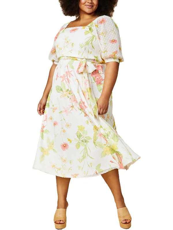 Women's Occasion Wear Apparel Plus Womens Sheer Floral Print Midi Dress