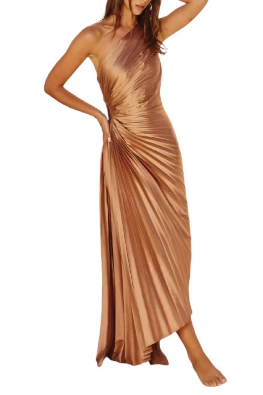 Women's Trendy Outfit Asymmetrical Pleated Maxi Dress In Golden Sand