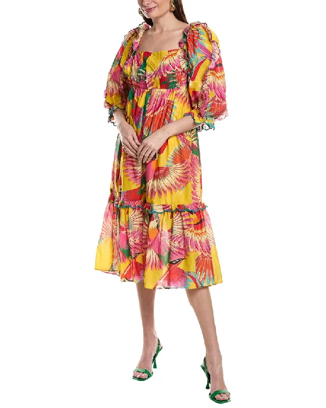 Women's High-Fashion Attire FARM RIO COLORFUL TOUCANS SCALOPS MIDI DRESS