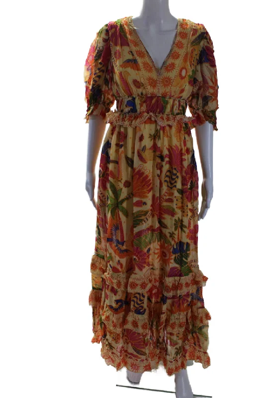 Women's Weekend Outfit Farm Rio Womens V Neck Short Sleeve Floral Maxi Dress Yellow