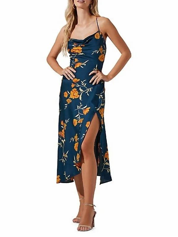 Women's Work Outfit For The Office Gaia Floral Cross-Back Side-Slit Midi Dress In Dark Teal