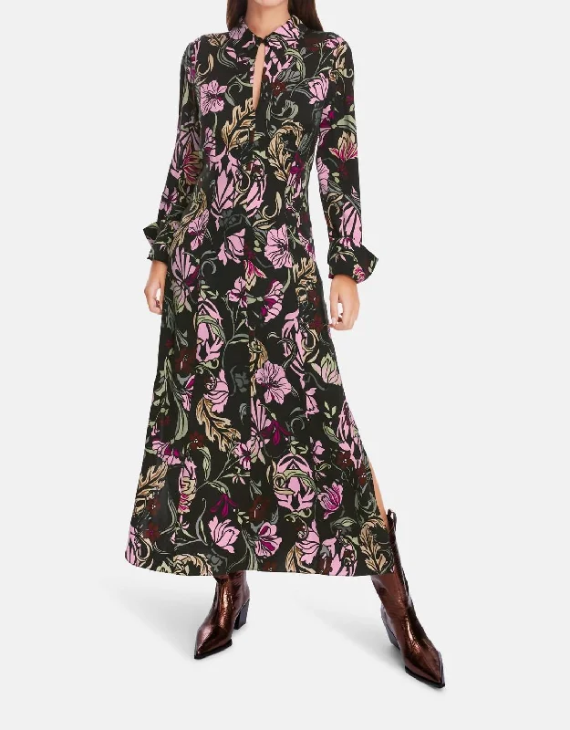 Women's Work Outfit Long Sleeve Floral Vine Print Maxi Dress In Black