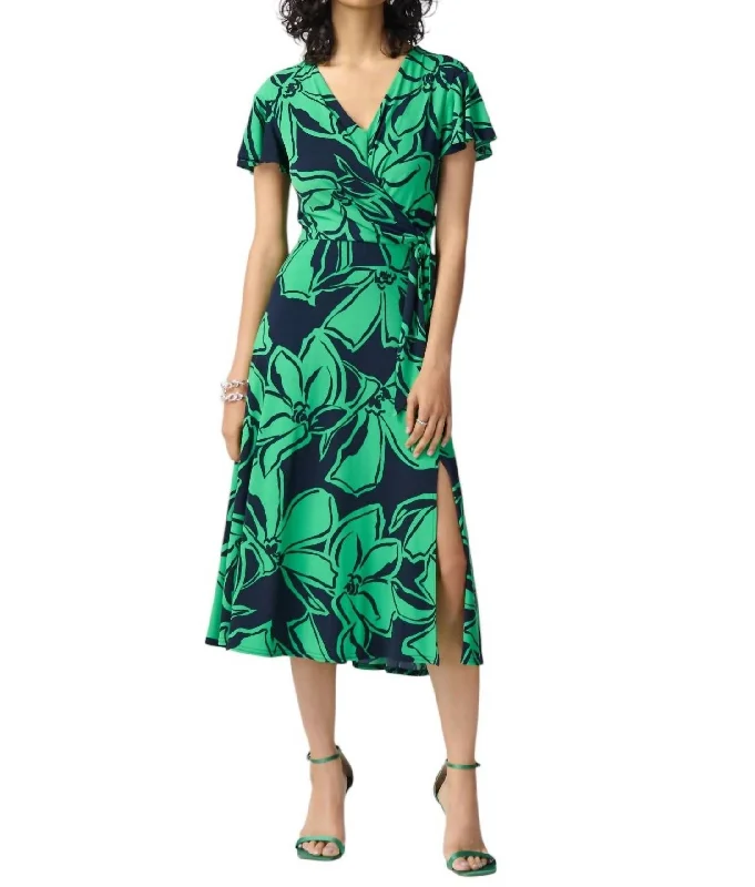 Women's Comfortable Garments Floral Print Midi Dress In Midnight Blue/green