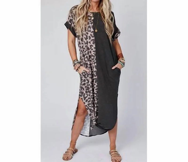 Women's Outdoor Attire Maxi Dress With Rolled Sleeves In Black Leopard