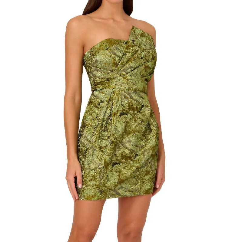 Women's Travel Apparel Floral Jacquard Strapless Dress In Dark Chartreuse