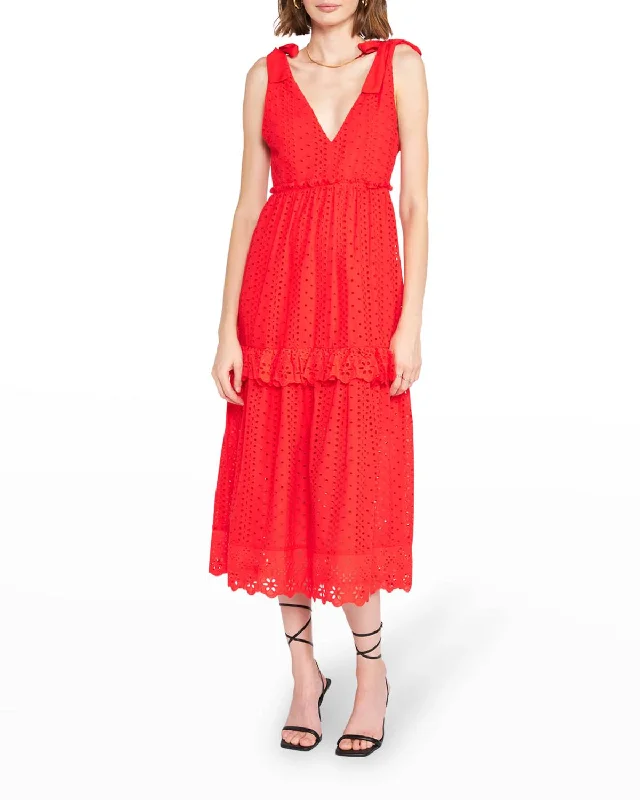 Vintage-Inspired Garments Eyelet Midi Dress In Red