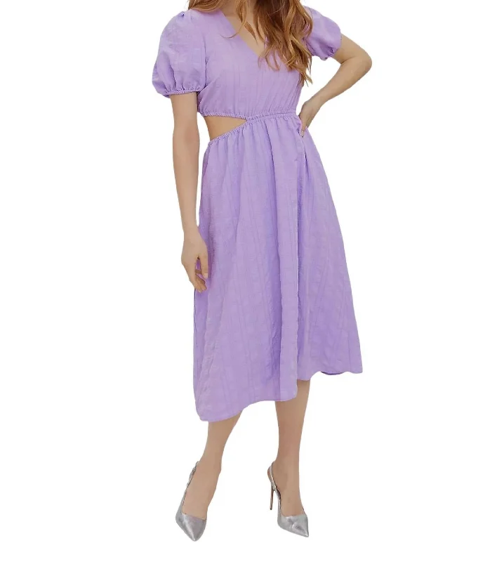 Women's Stylish Professional Garments Cutout V-Neck Puff Midi Dress In Lavender