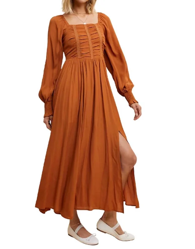 Women's Trendy Apparel Rust Orange Ruched Bodice Square Neck Maxi Dress In Sepia