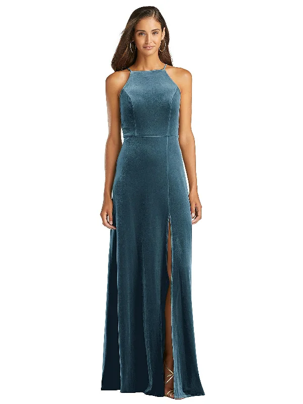 Women's Date Night Outfit Velvet Halter Maxi Dress with Front Slit - Harper