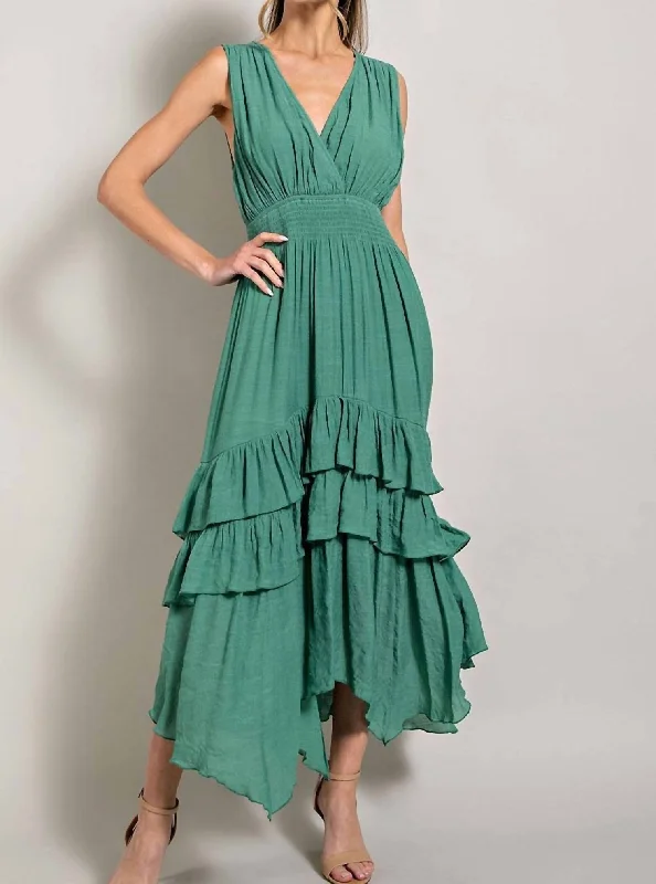 Classic Clothes For Women Smocked Ruffle Maxi Dress In Sage