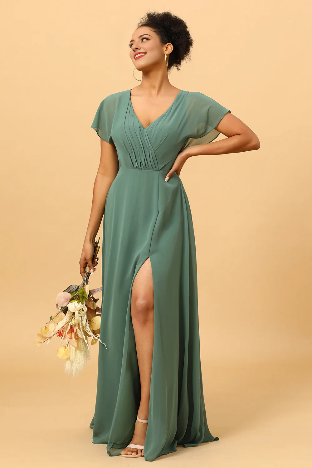 Women's Clothes And Apparel Chiffon A-line Green Bridesmaid Dress with Slit