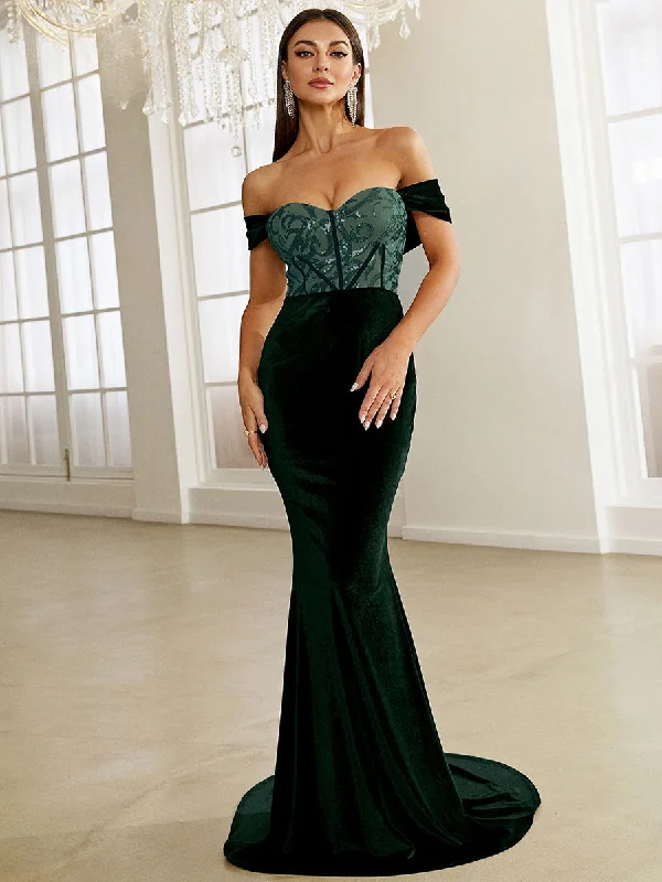 Comfortable Women's Clothes Green Velvet Evening Dress - Off Shoulder Sequin Bodycon Maxi Party Dress