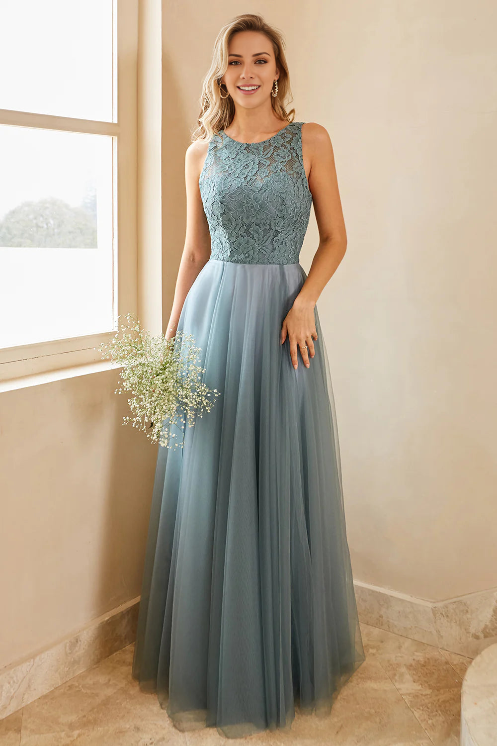 Stylish Clothes For Women Grey Blue Tulle Bridesmaid Dress with Lace Wedding Guest Dress