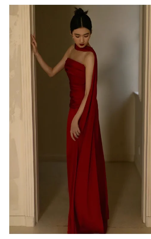 Formal Garments For Women Pretty Sheath Scoop Neckline Satin Burgundy Long Prom Dresses With Ribbon C1596