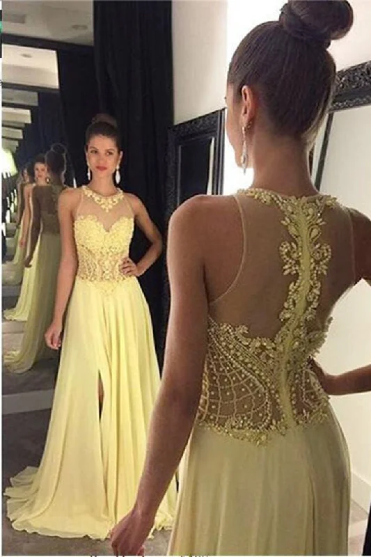 Women's Vacation Outfit A Line Jewel Sleeveless Appliqued Chiffon Prom Dresses with Beading N828