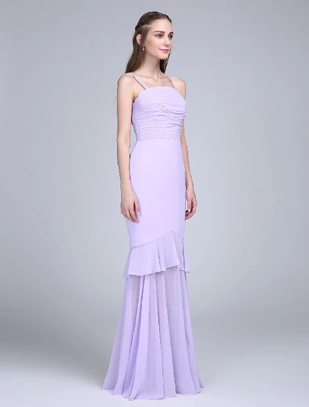 Women's Luxury Attire Fit & Flare Bridesmaid Dress Spaghetti Strap Sleeveless Elegant Floor Length Chiffon with Ruched