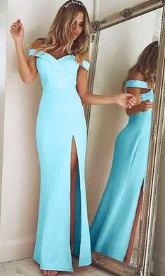 Women's Office Outfit Sexy Prom Dress,Stain Prom Dress,off The Shoulder Prom Dress,long Blue Satin Evening Gowns    cg11453