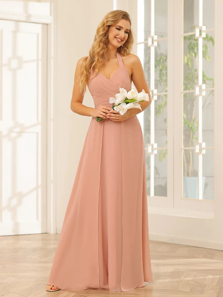 Women's Transitional Outfit A-Line/Princess Halter Long Bridesmaid Dresses With Split Side