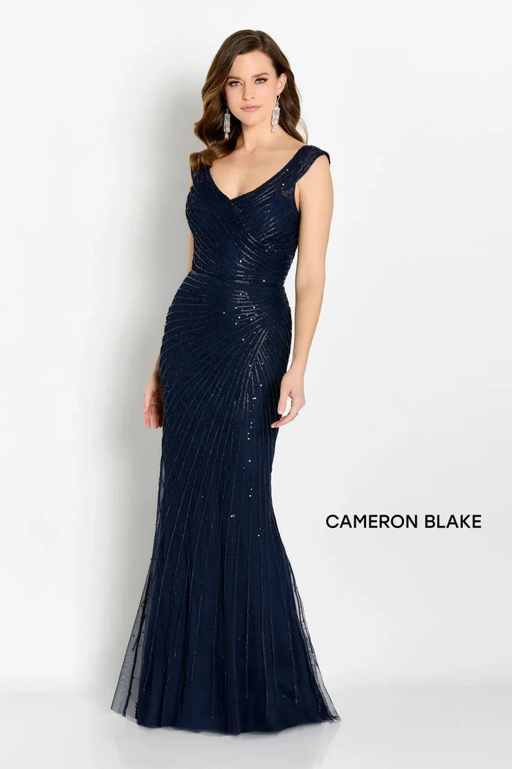 Women's Sporty Clothes Cameron Blake CB755 Beaded Tulle Gown | Navy Blue