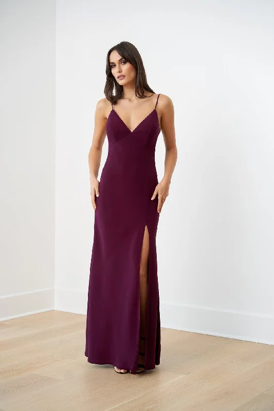 Women's Relaxed Clothes Jasmine B253057 Soft Crepe Fit & Flare Gown with Plunging V-Neckline and Tie Back Bow | Diamond Club