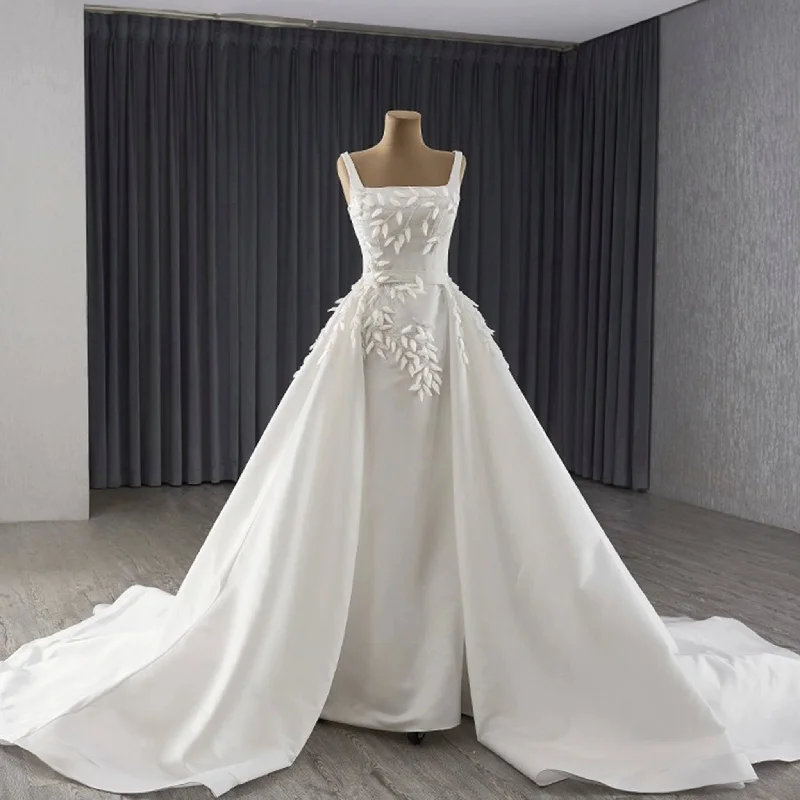 Women's Classic Attire Square Collar A-line Satin Wedding Dress with Detachable Skirt