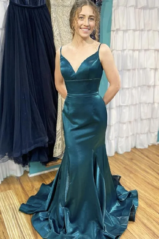 Vintage-Inspired Garments Blue satin long prom dress mermaid evening dress    cg17941