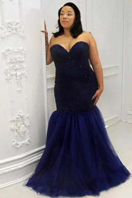 Women's Professional Outfit Mermaid Sweetheart Sleeveless Sequin Floor-Length Tulle Plus Size Prom Dresses N2220