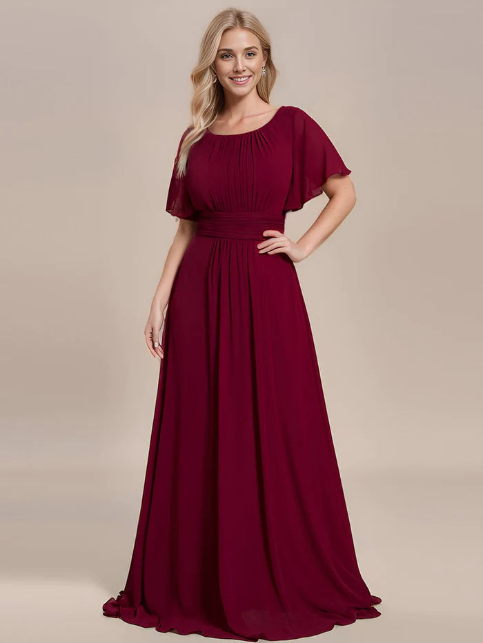 Women's Wardrobe Apparel Simple Chiffon Pleated A-Line Round Neckline Bridesmaid Dress