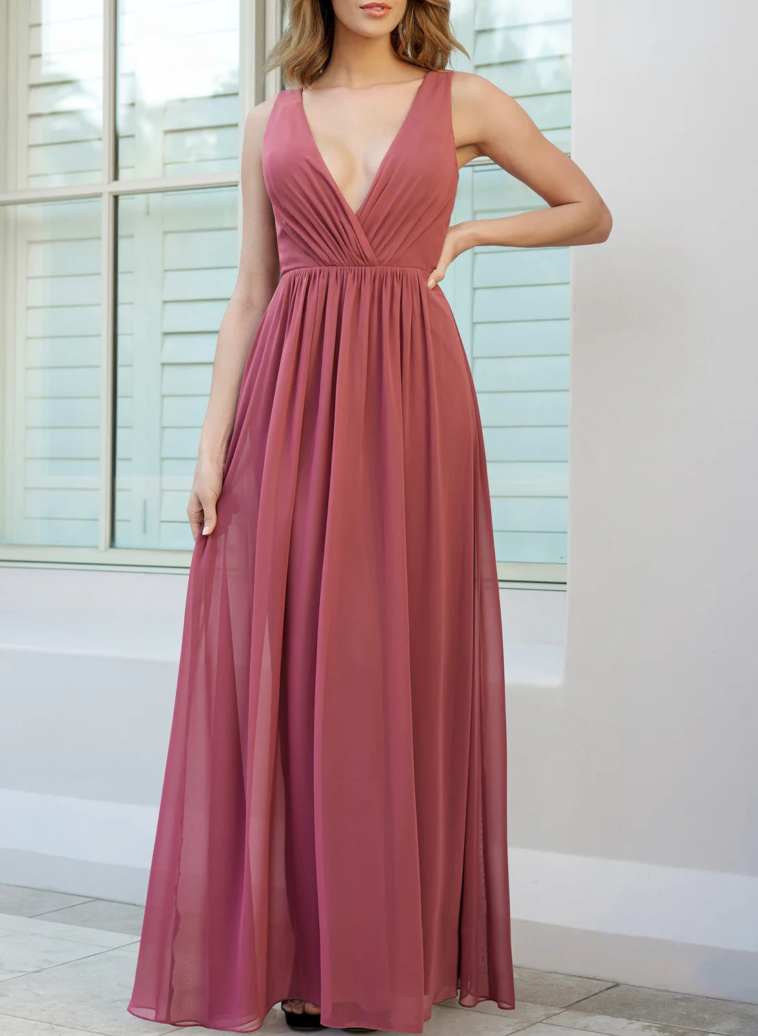 Casual Chic Women's Clothes A-Line/Princess Deep V-Neck Chiffon Floor-length Long Bridesmaid Dresses