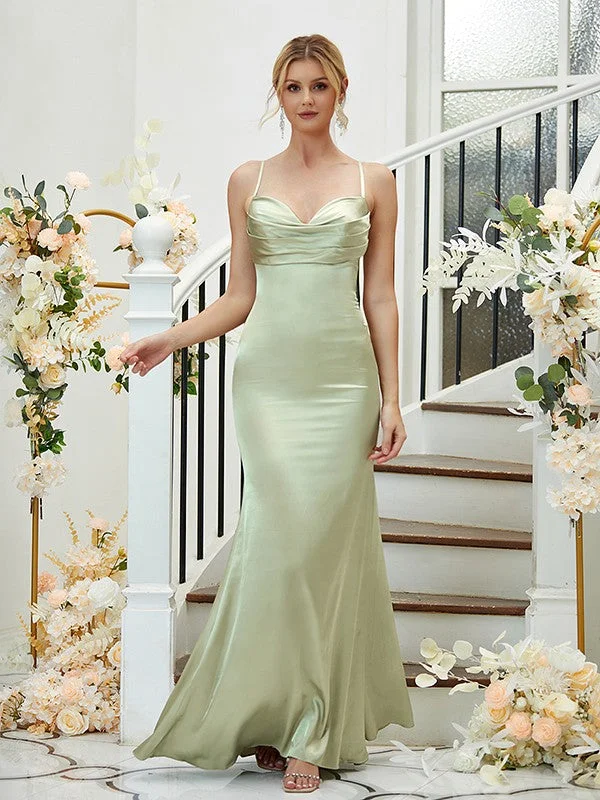 Timeless Women's Garments Sheath/Column Silk like Satin Ruched V-neck Sleeveless Floor-Length Bridesmaid Dresses