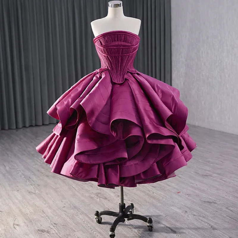 Women's Wardrobe Apparel Tiered Ruffled Ssatin Homecoming Dress Strapless Short Prom Gown