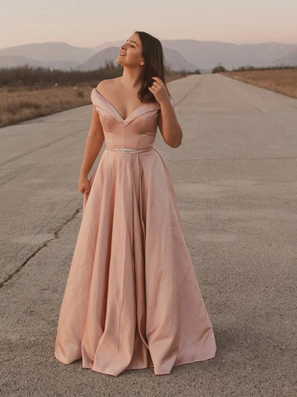 Women's Urban Clothing A-Line/Princess Satin Off-the-Shoulder Sash/Ribbon/Belt Sleeveless Floor-Length Dresses Prom Dress    cg19520