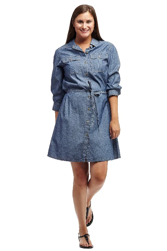 Women's Elegant Outfit Denim Belted Shirt Dress