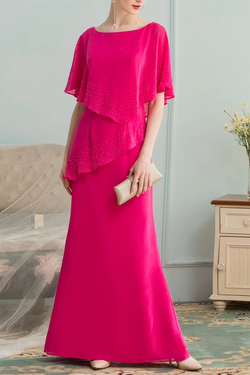 Women's Clothing Apparel Sets A-line Long Chiffon Bridesmaid Dress With Beading