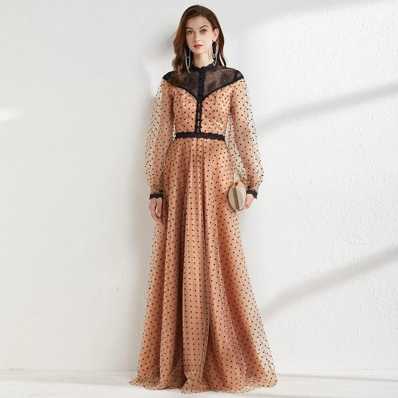 Women's Trendy Clothes FashionSierra - Women's Runway Dresses O Neck Long Sleeves Lace Patchwork Polka Dots Printed Elegant Maxi Floor Length Party Prom