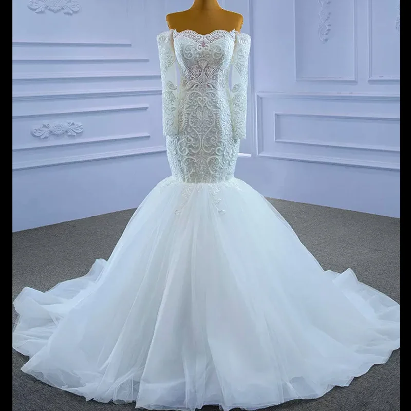 Affordable Women's Garments Off Shoulder Long Sleeve Mermaid Wedding Dress Beaded Lace Bridal Dress