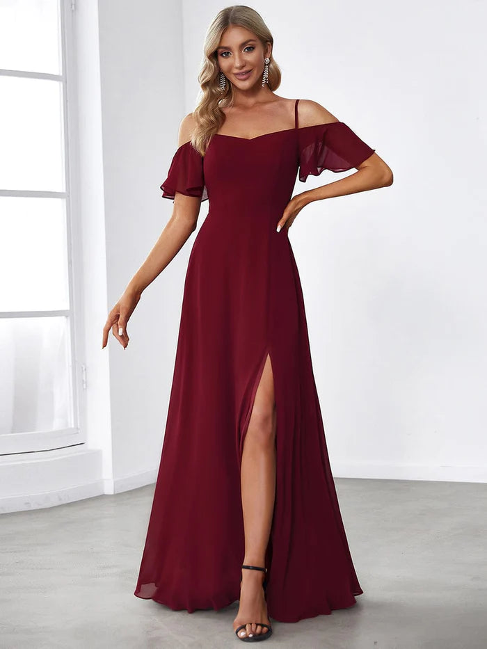 Women's Activewear Attire Stylish Cold Shoulder Flare Sleeves Flowy Bridesmaid Dress