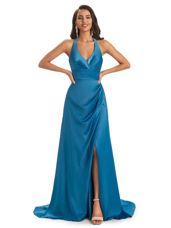 Women's Clothing Apparel Sexy Soft Satin Side Slit Halter Floor-Length Long Bridesmaid Dresses Online