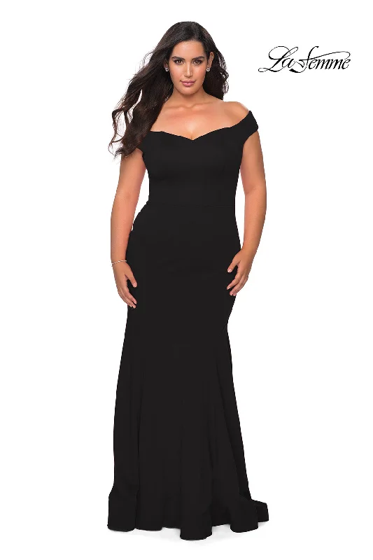 Women's Comfy Loungewear Outfit La Femme 28963 Off The Shoulder Jersey Fit & Flare Gown | Black, Red