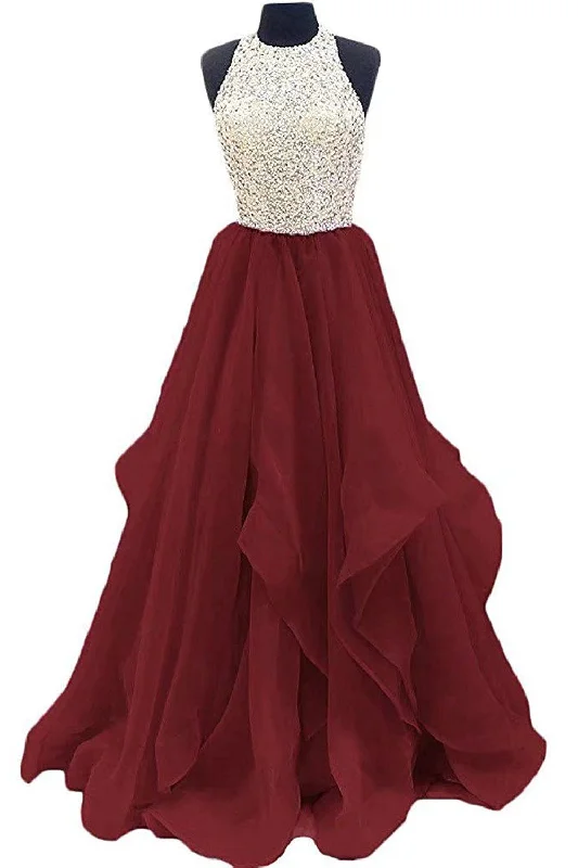 Women's Professional Outfit Burgundy Sequins Sleeveless Ruffles Organza Prom Dresses N807