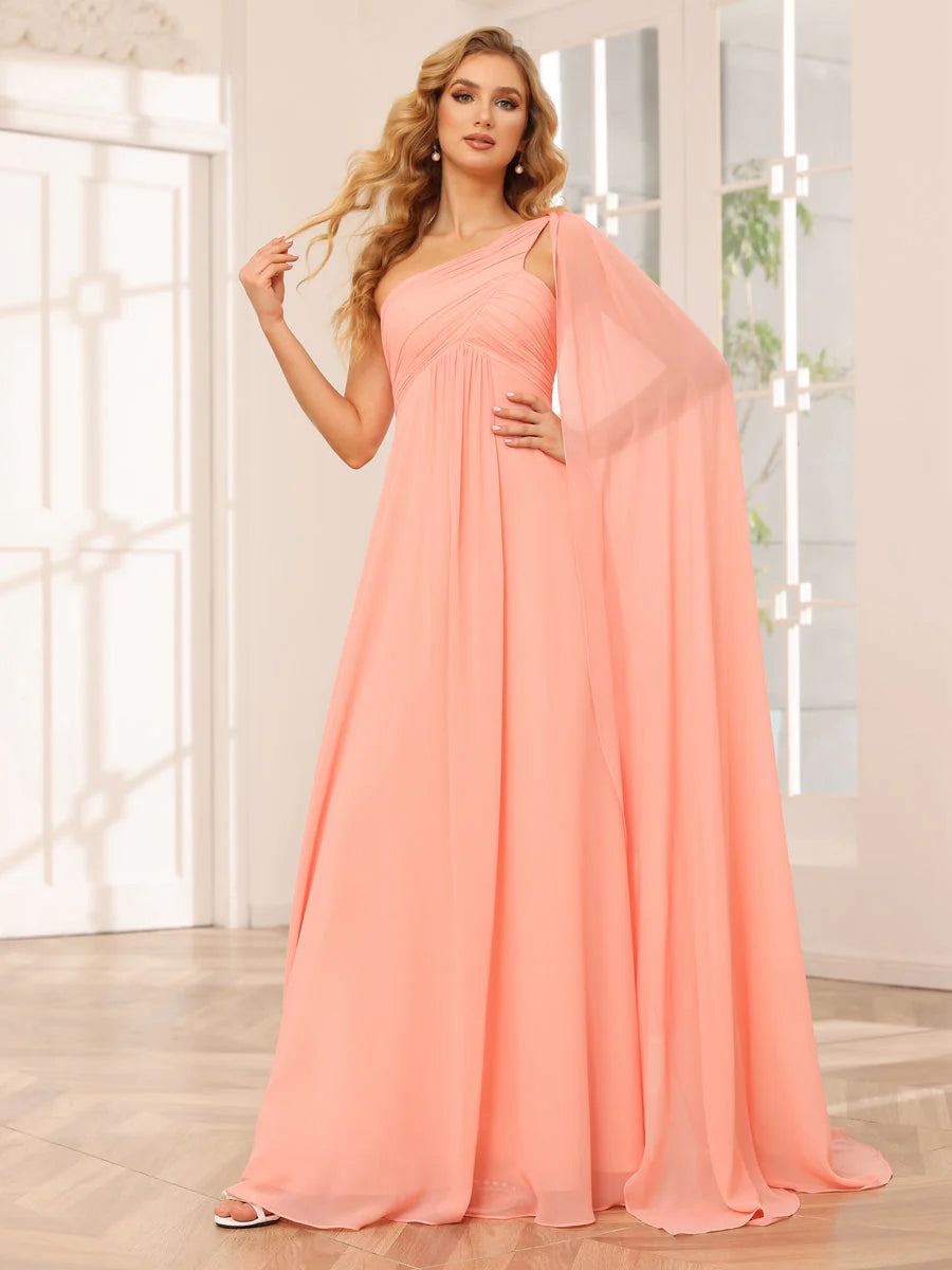 Women's Tailored Outfit A-Line/Princess One-Shoulder Long Bridesmaid Dresses With Ruched