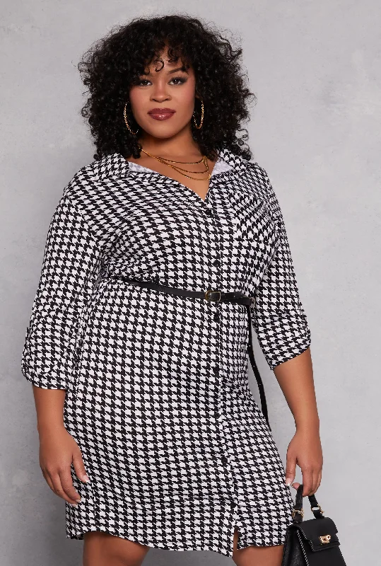 Chic Clothes For Women Artful Design Plus Size Houndstooth Belted Shirt Dress